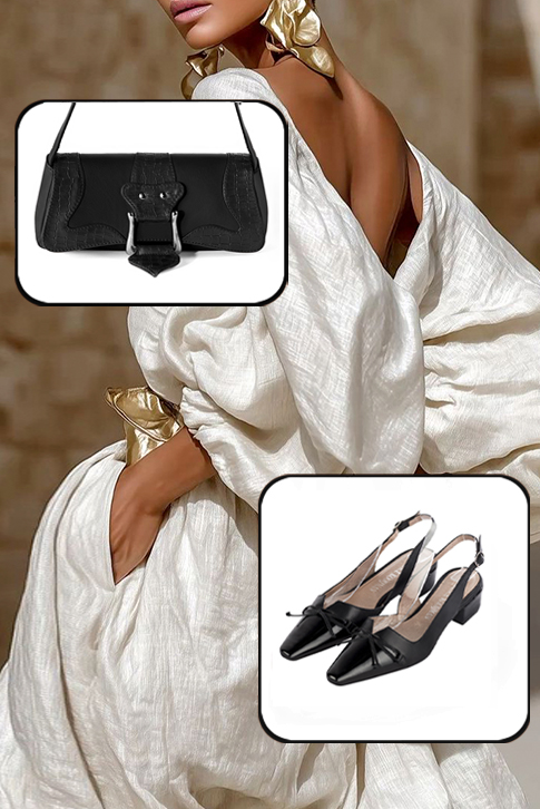 Dress slingback bow heels in gloss black and satin black leather with low block heels and tapered toe - Worn view